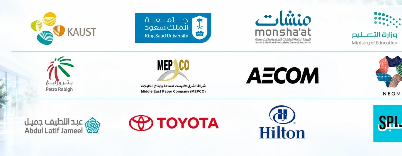 ومن قطاعات مختلفة، جهات خدمتْها هوتز عبر محفظة خدماتها. KAUST، King Saud University، Monsha'at، Ministry of Education، Petro Rabigh، MEPCO، AECOM، NEOM، Abdul Latif Jameel، Toyota، Hilton، SPL
